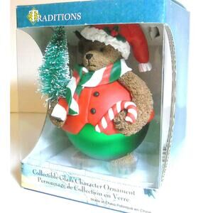 NEW Traditions Blown Glass Character CHRISTMAS BEAR ORNAMENT Tree Candy Cane BOX